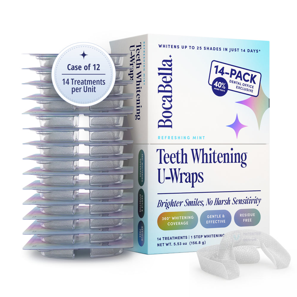Boca Bella Teeth Whitening U-Wrap packaging with a stack of wraps on a white background